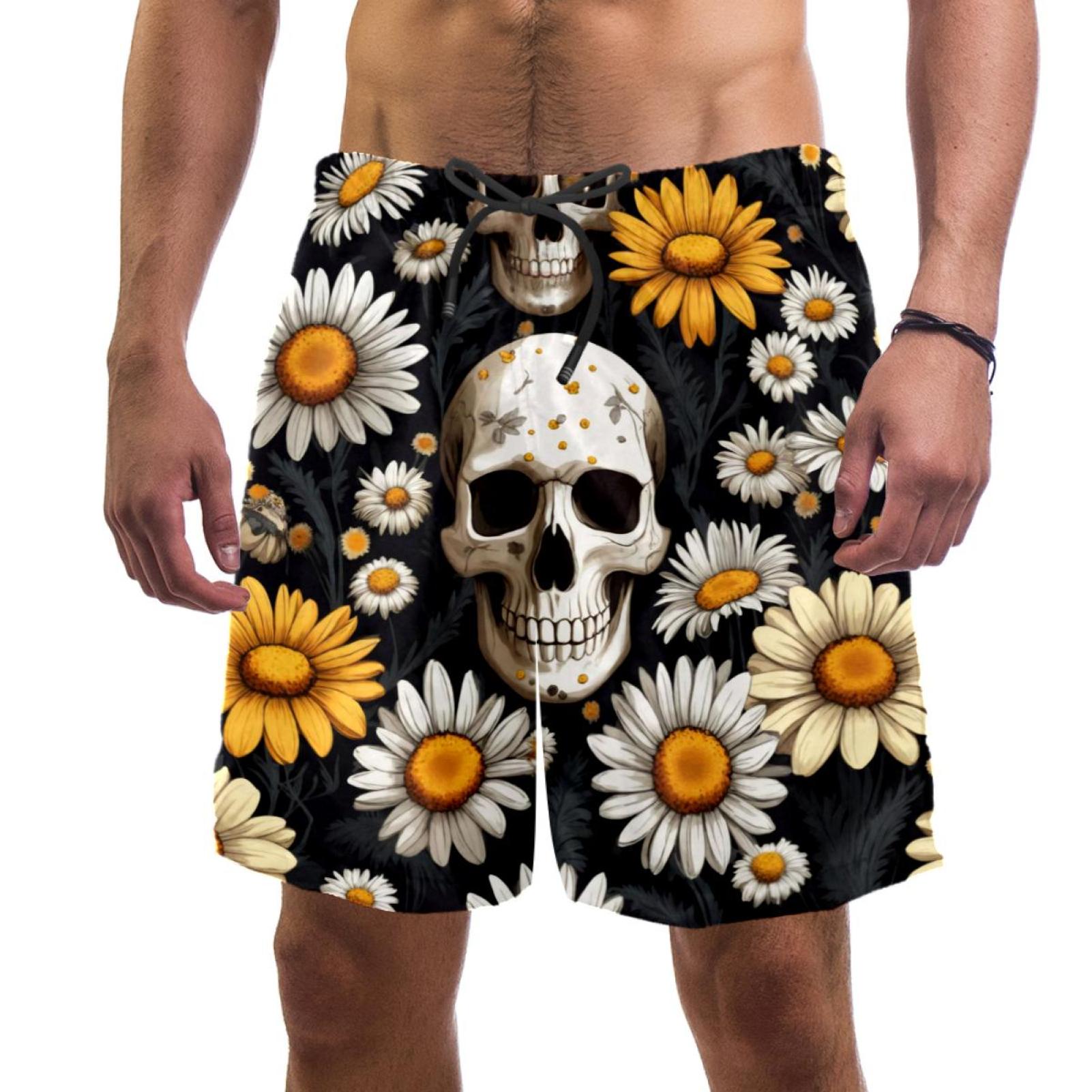 Men's Daisies Floral Skulls Swim Trunks Quick Dry Board Shorts Bathing
