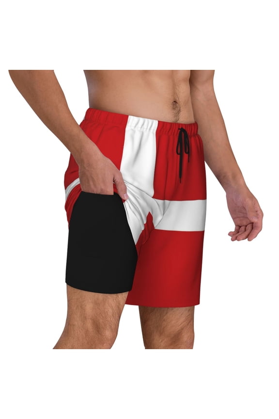 Men's Danish Flag Swim Trunks with Compression Liner Bathing Suit Swimwear