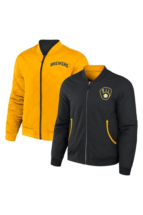 Men's Darius Rucker Collection by Fanatics Black/Gold Milwaukee Brewers Reversible Full-Zip Bomber Jacket