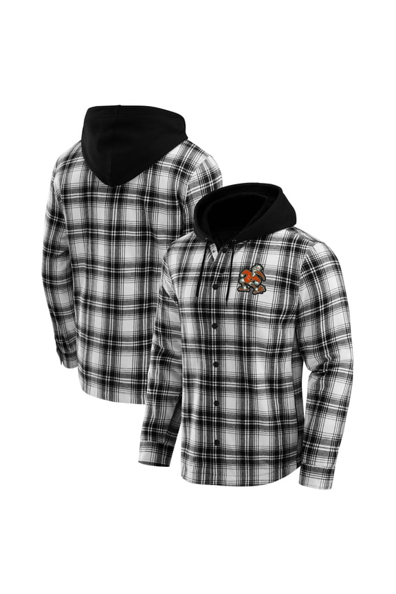 Men's Darius Rucker Collection by Fanatics Black Miami Hurricanes Plaid Flannel Quilted Full-Snap Hooded Shacket