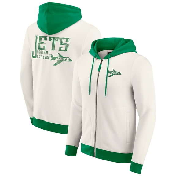 Men's Darius Rucker Collection by Fanatics Cream New York Jets Distressed Graphics Full-Zip Hoodie