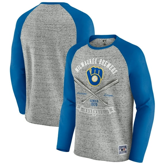 Men's Darius Rucker Collection by Fanatics Heather Gray Milwaukee Brewers Raw Edge Raglan Long Sleeve Baseball T-Shirt
