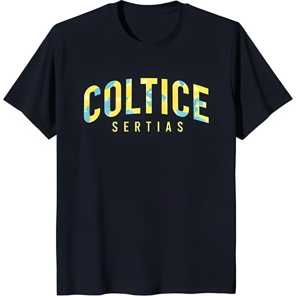 Men's Dark Blue T-Shirt with Bold 'COLTICE' Graphic Design in Yellow & Blue