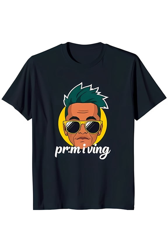 Men's Dark Blue T-Shirt with Cartoon Graphic of Smiling Man in Sunglasses 'pr:m iving' Design