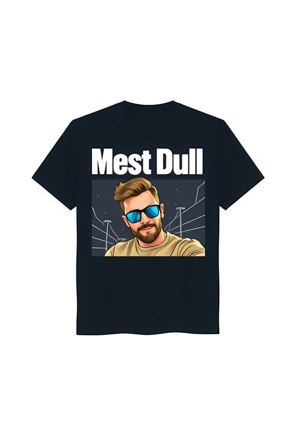 Men's Dark Blue T-Shirt with Cool Bearded Man Graphic & Cityscape Design 'Mest Dull'