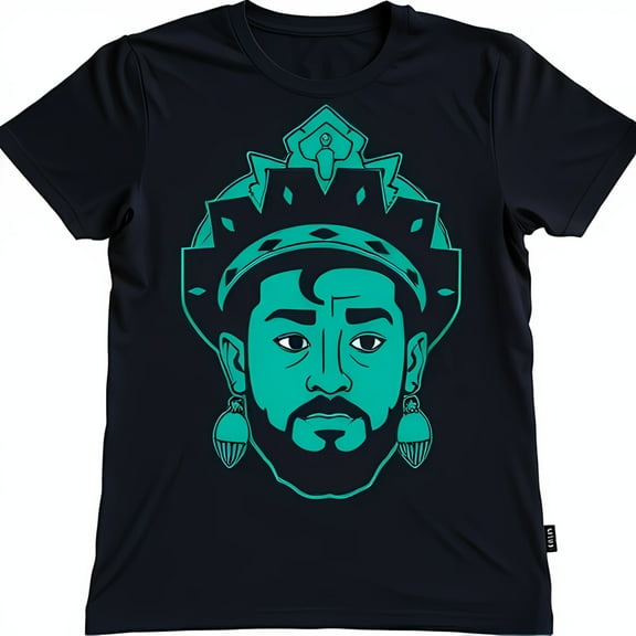 Men's Dark Blue T-Shirt with Teal Crown Graphic Design Intricate Beard & Art