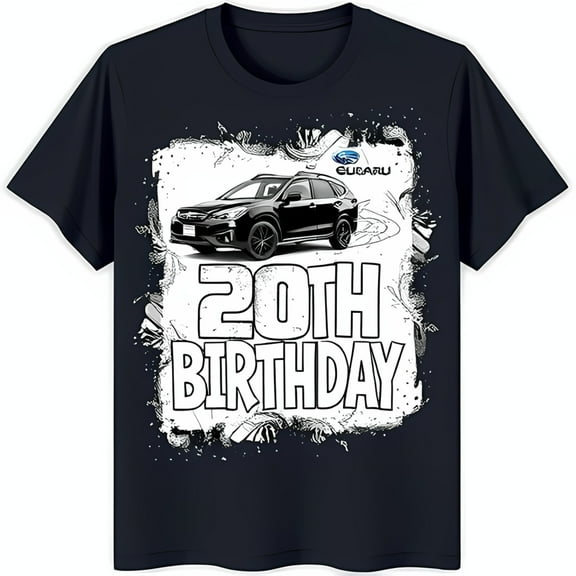 Men's Dark Blue T-Shirt with White Graphic Black Car & '20th Birthday' Design