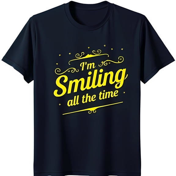 Men s Dark Blue T-Shirt with Yellow I m Smiling All the Design Stylish Neck Short Sleeve Tee