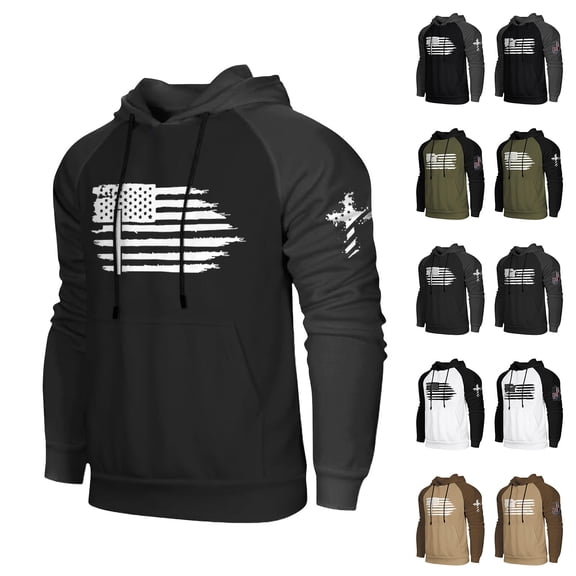 Men's Dark Color Hooded Drawstring Long Flag Print Sweatshirt with Pockets, Casual Daily Pullover for Fall Spring Streetwear,Black,4XL