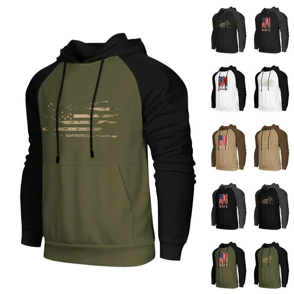 Men's Dark Color Hooded Sweatshirt with Long Flag Print, Casual Drawstring Pullover Including Pockets, Fall Spring Versatile Streetwear,Light Brown,2XL