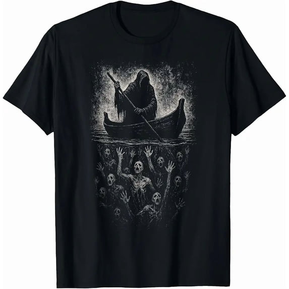 Men's Dark Gothic Grim Reaper Skeleton Boat T-Shirt