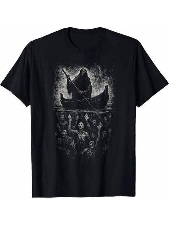 Men's Dark Gothic Grim Reaper Skeleton Boat T-Shirt