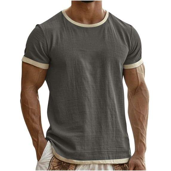 Men's Dark Gray Cotton Linen Ringer T-Shirt, Short Sleeve Round Neck, Casual Everyday Tee