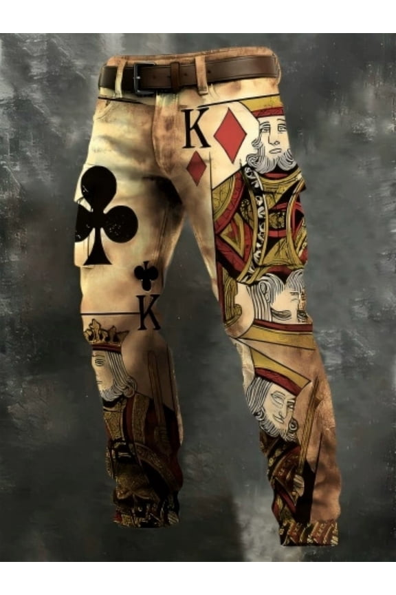 Men's Dark Green Poker King Print Cargo Pants, Streetwear Cool Style, Bold & Unique Vibe, All-Season Wear, Ideal for Dates & Casual Occasions