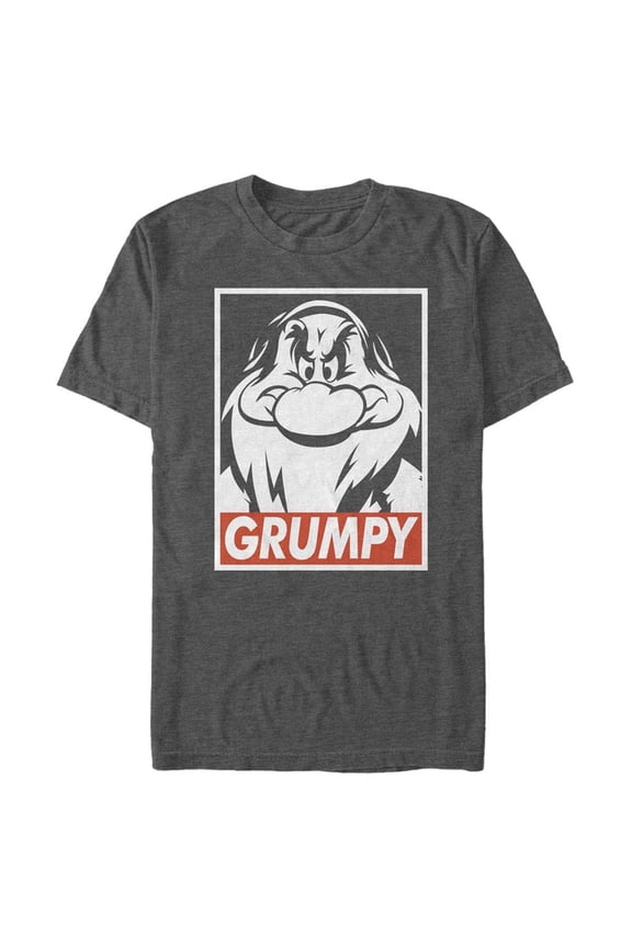 Men's Dark Grey Frowning Fantasy Character Graphic T-Shirt with Red Banner for Casual Comfort
