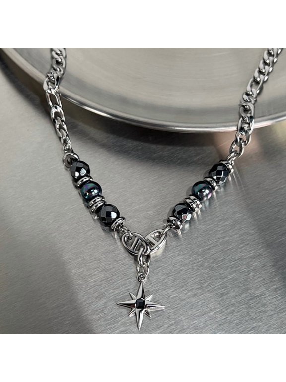 Men's Dark Star Stainless Steel Necklace, Black Bead North Star Pendant Hip Hop Jewelry Gift for Guys