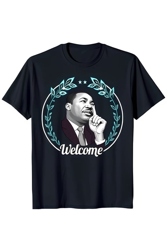 Men's Dark T-Shirt with Portrait Design 'Welcome' Text & Green Leaves