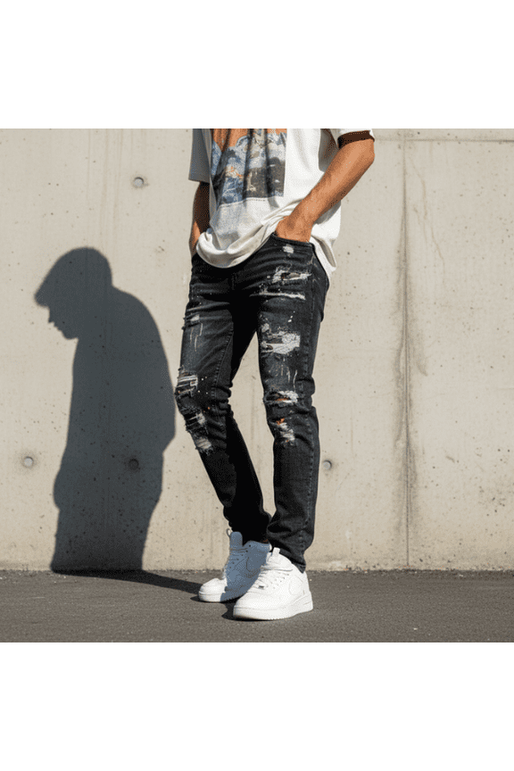 Men's Dark Wash Distressed Jeans Size 36 Paint Splatter Slim Fit Denim