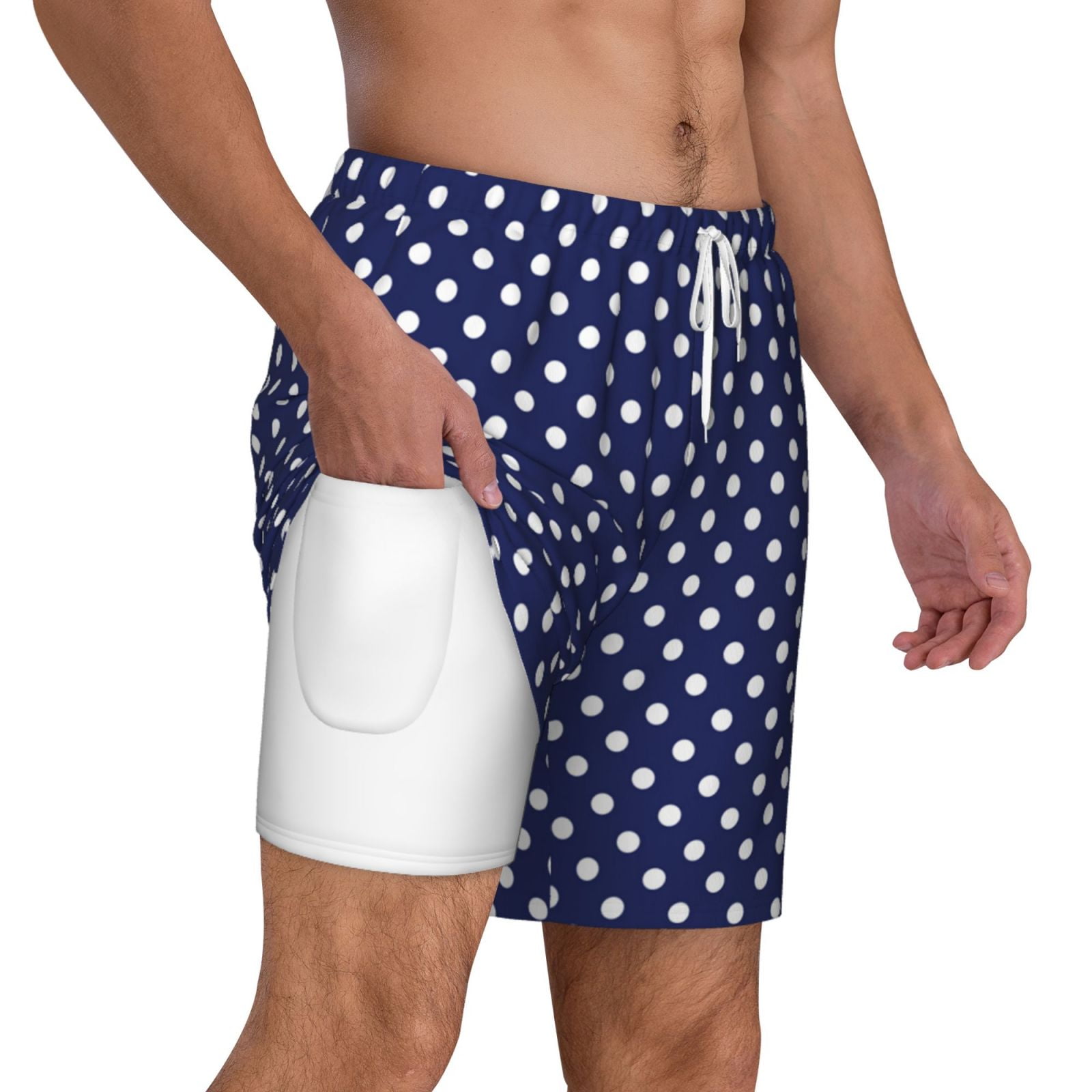 Men's Deep Blue And White Dots Swim Trunks with Compression Liner Bathing Suit Swimwear