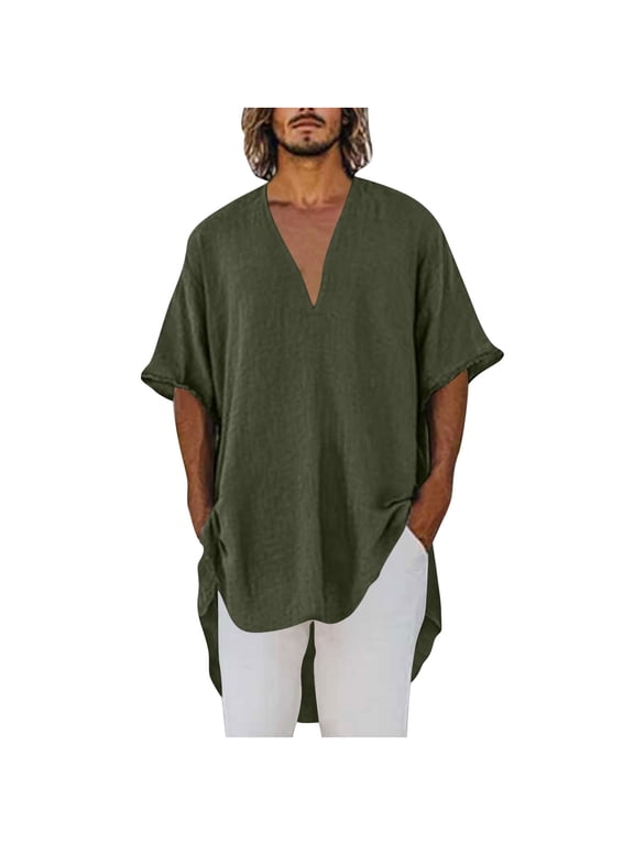 Men's Deep V Cotton Linen Tunic Shirts Summer Loose Short Sleeve Casual Oversized Beach