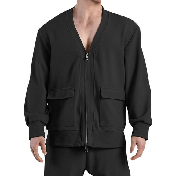 Men's Deep V Neck Jacket Lightweight Loose Windbreaker Casual Stylish Zipper Up Outerwear Coat with Pockets Black XL