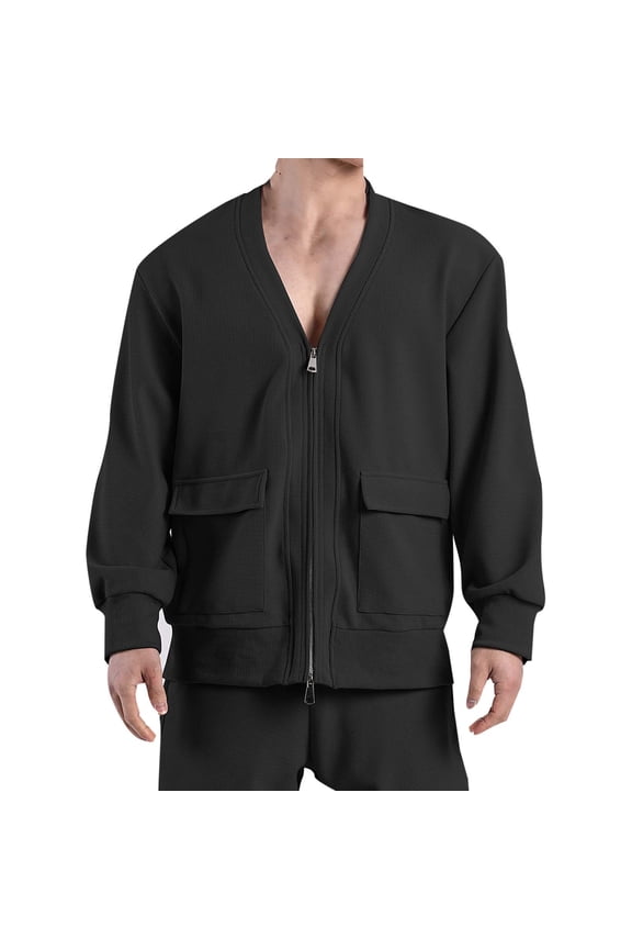 Men's Deep V Neck Jacket Lightweight Loose Windbreaker Casual Stylish Zipper Up Outerwear Coat with Pockets Black XL