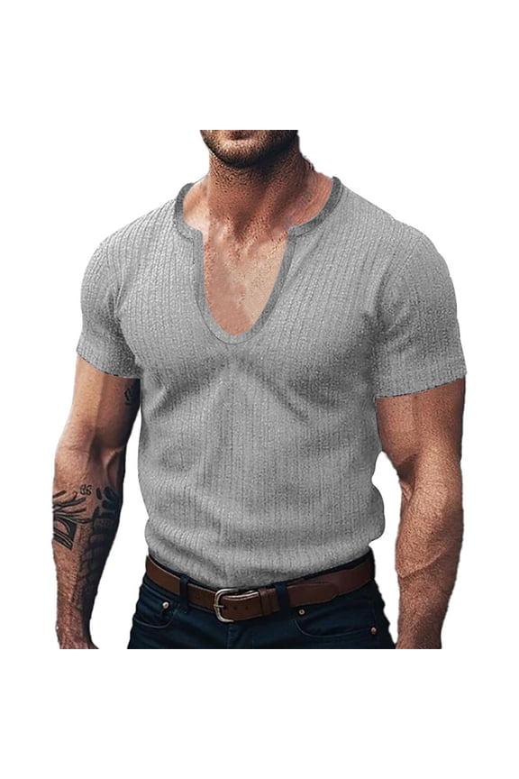 Men's Deep V Neck Muscle T Shirt Fitted Gym Workout Short Sleeve Fashion 2025 Sumemr Tee Tops