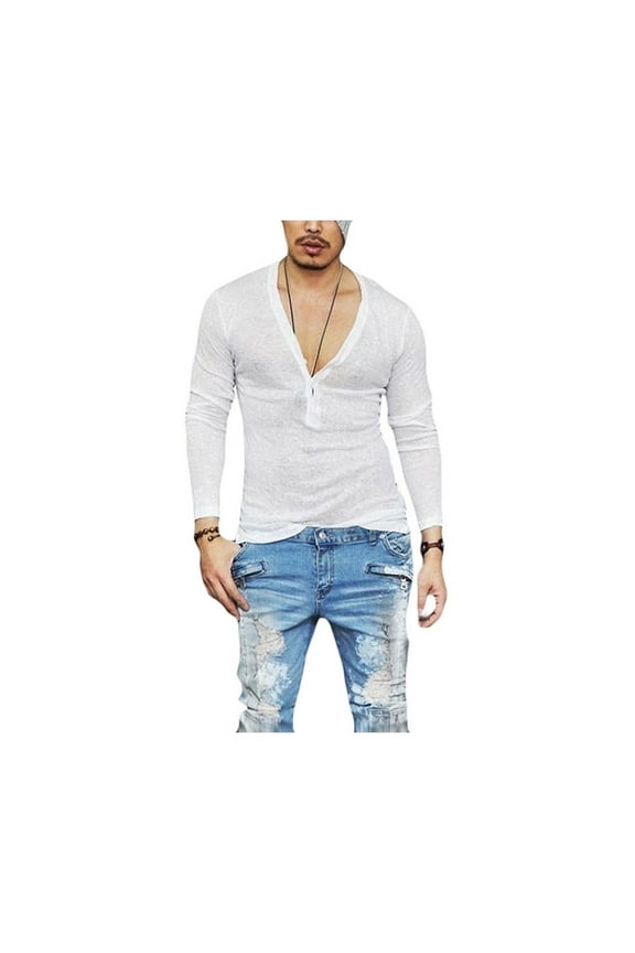 Men's Deep V Neck T-Shirt Slim Fit Long Sleeve Blouse