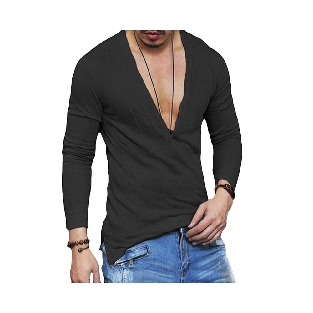 Men's Deep V Neck T-Shirt Slim Fit Long Sleeve Blouse