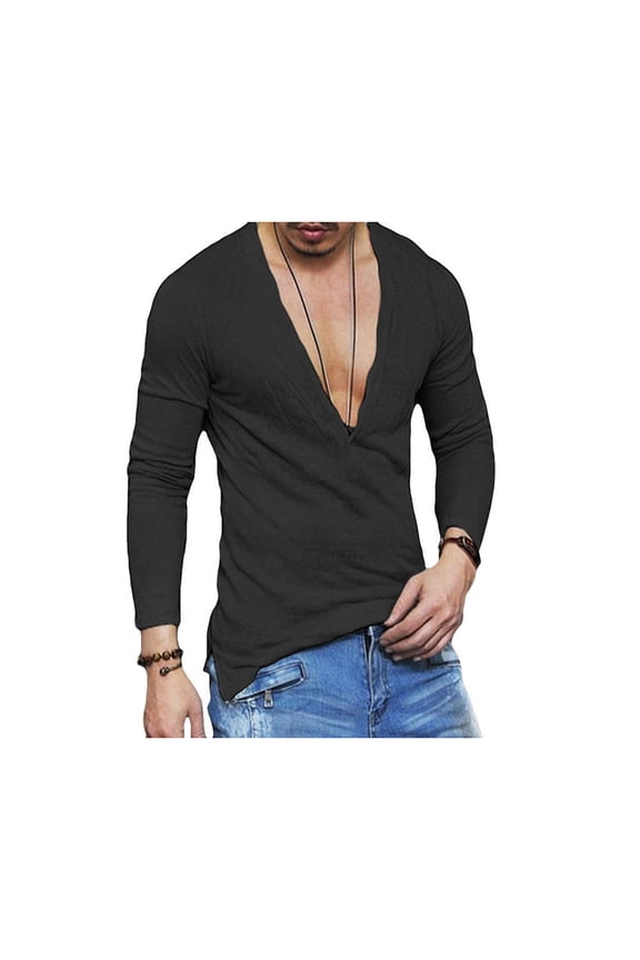 Men's Deep V Neck T-Shirt Slim Fit Long Sleeve Blouse