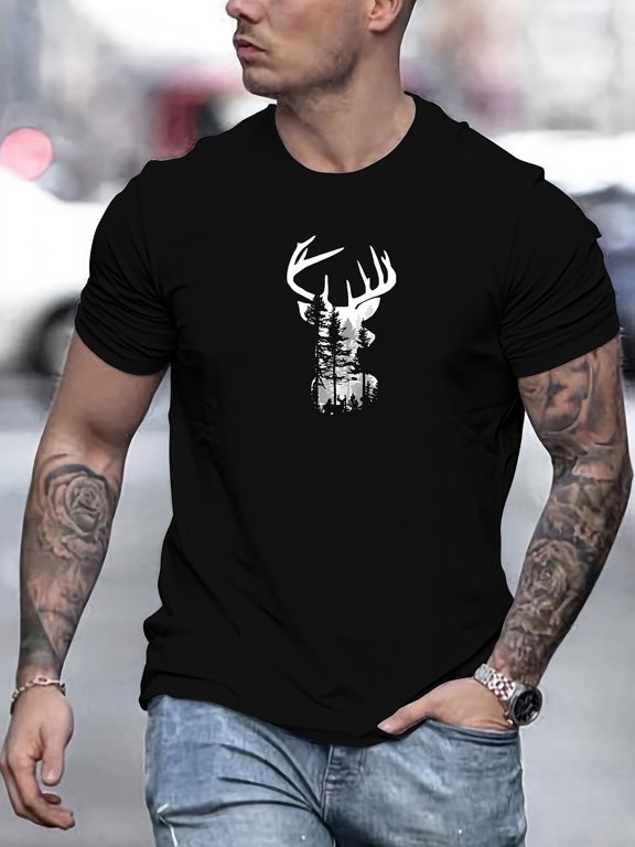 Men's Deer Head Pattern Summer Casual Crew Neck Short T-Shirt