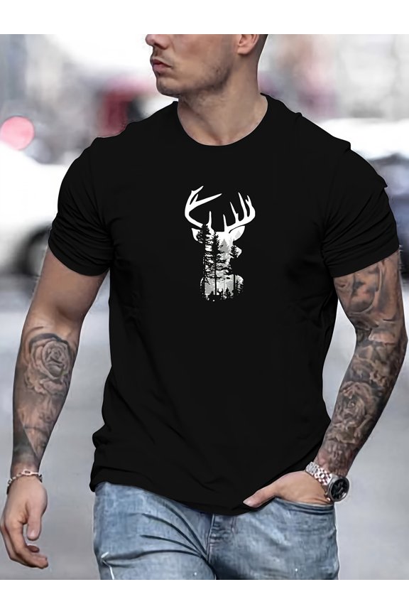 Men's Deer Head Pattern Summer Casual Crew Neck Short T-Shirt