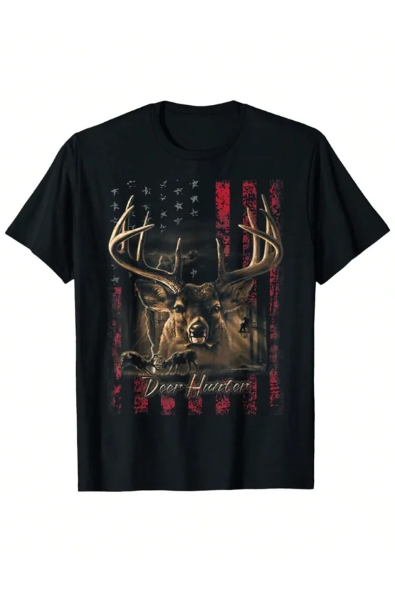 Men's Deer Hunter T-Shirt Patriotic American Flag Buck Antlers Graphic Tee