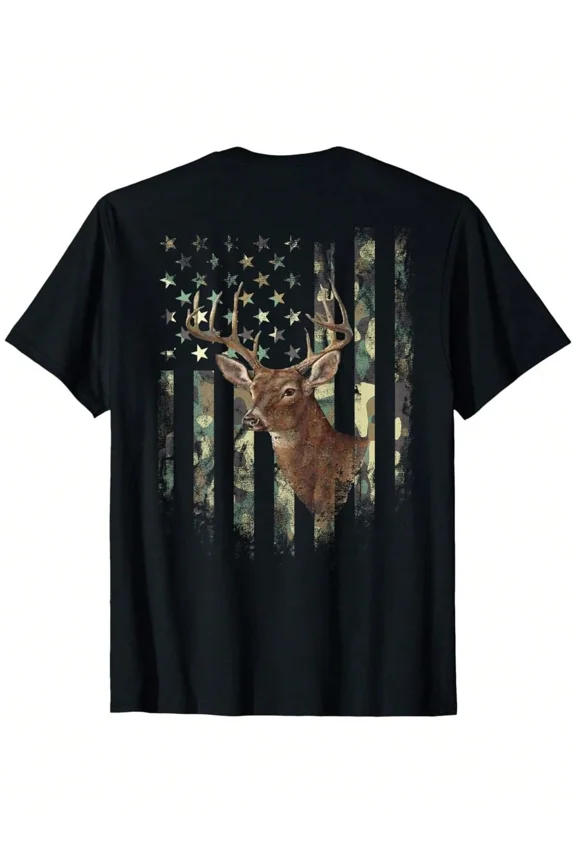 Men's Deer Hunting American Flag Camo Graphic T-Shirt Patriotic Buck Outdoors Tee