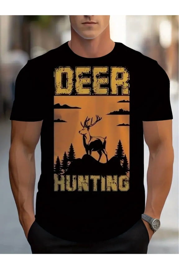 Men's Deer Hunting Graphic T-Shirt, Outdoor Wildlife Buck Short Sleeve Tee, Black