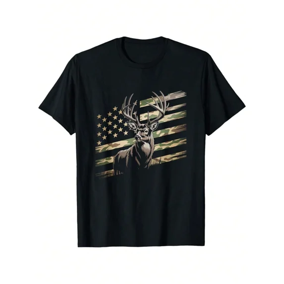 Men's Deer Hunting T-Shirt American Flag Camo Buck Graphic Tee