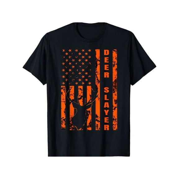 Men's Deer Slayer Hunting T-Shirt American Flag Orange Graphic Tee Hunter Gift