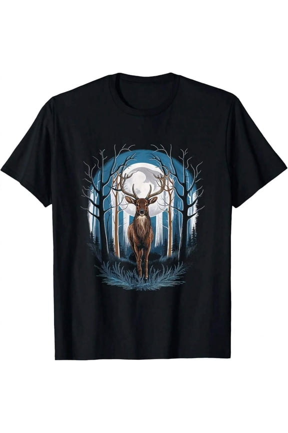 Men's Deer in Forest Graphic T-Shirt, Full Moon Nature Wildlife Stag Short Sleeve Tee