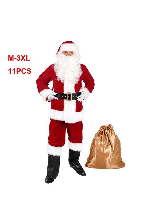Men's Deluxe Santa Suit 11PC. Christmas Adult Santa Claus Costume -L