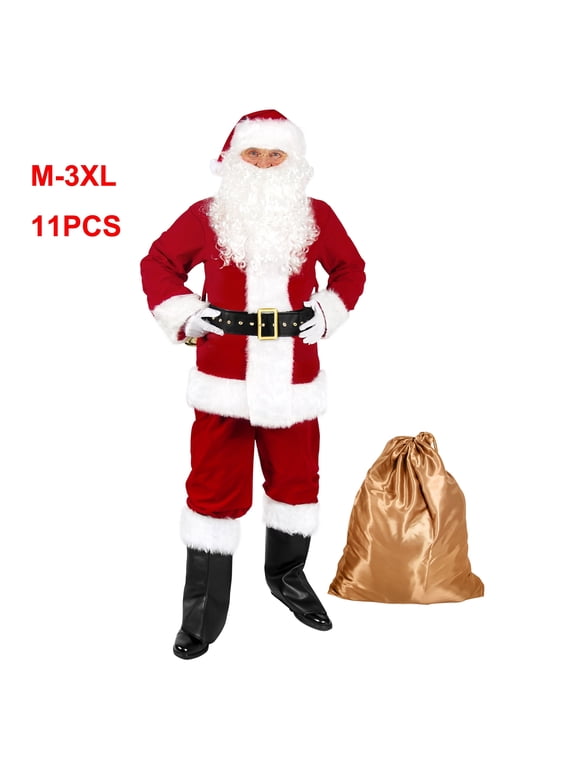 Men's Deluxe Santa Suit 11PC. Christmas Adult Santa Claus Costume -M
