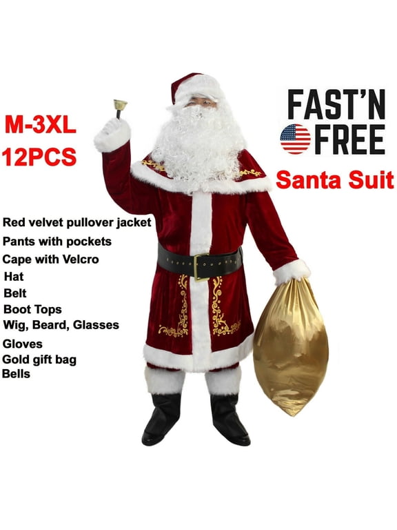 Men's Deluxe Santa Suit 12PC. Christmas Adult Santa Claus Costume -XXL