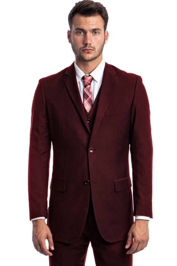 Men's Demantie Suits Burgundy Vested Suit Size 46 Short