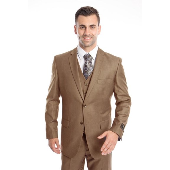 Men's Demantie Suits Dark Taupe Vested Suit Polyester Blend | Size 48 Regular