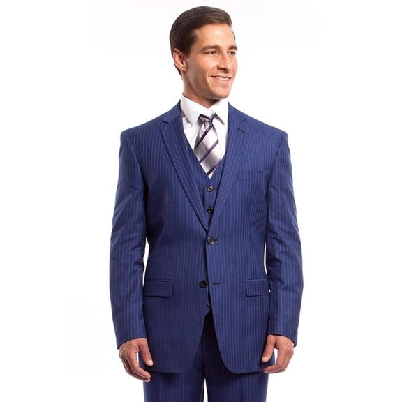 Men's Demantie Suits French Blue Pinstripe Vested Suit Size 44 Regular