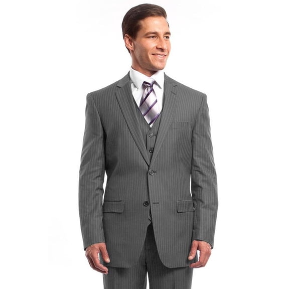 Men's Demantie Suits Light Grey Pinstripe Suit With Vested Elegance Size 40 Long