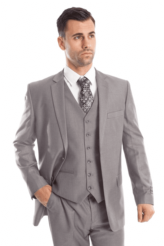 Men's Demantie Suits Light Grey Vested Suit Modern Fit Size 42 Regular