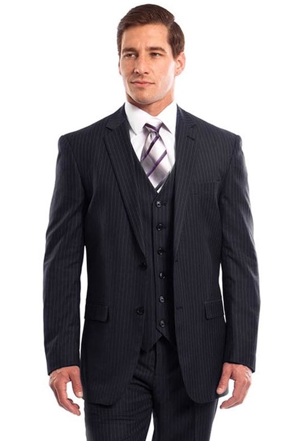 Men's Demantie Suits Navy Blue Pinstripe Vested Suit Size 38 Short