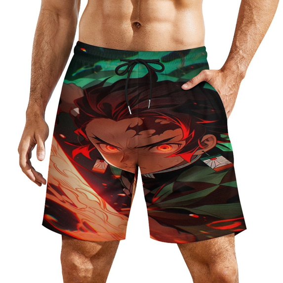 Men's Demon Slayer Beach Shorts With Compression Liner Swim Trunks Quick Dry Board Shorts Bathing Suit with Pockets