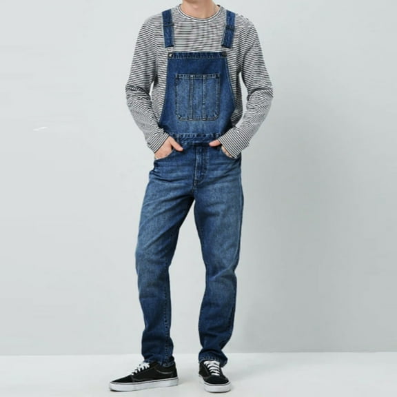 Men's Denim Bib Overalls Jeans Fashion Boot Cut Trousers Casual Fit Adjustable Straps Jumpsuit Mens Jeans Wash Overall Jumpsuit Streetwear Pocket Suspender Pants Trousers