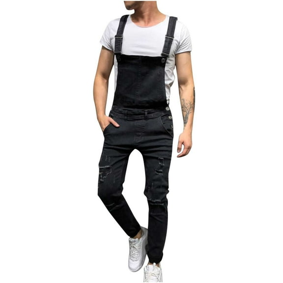 Men's Denim Bib Overalls Jeans Funky Ripped Denim Bib Pants Boot Cut Trousers Casual Slim Fit Adjustable Straps Jumpsuit with Pockets Relaxed Fit Jean Cargo Romper Jumpsuit